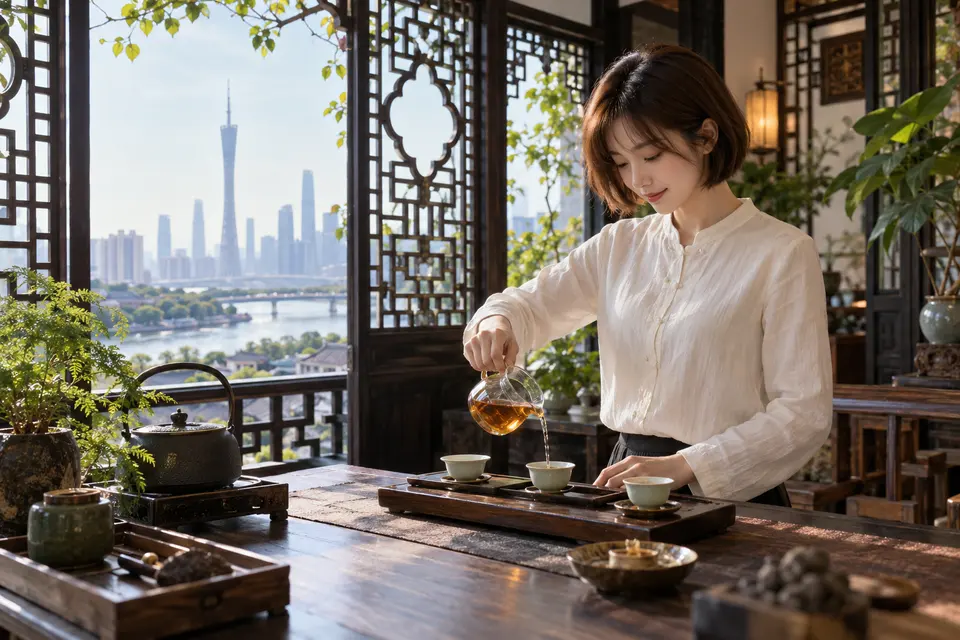 岭南花窗旁的冲泡空间，公道杯与茶席