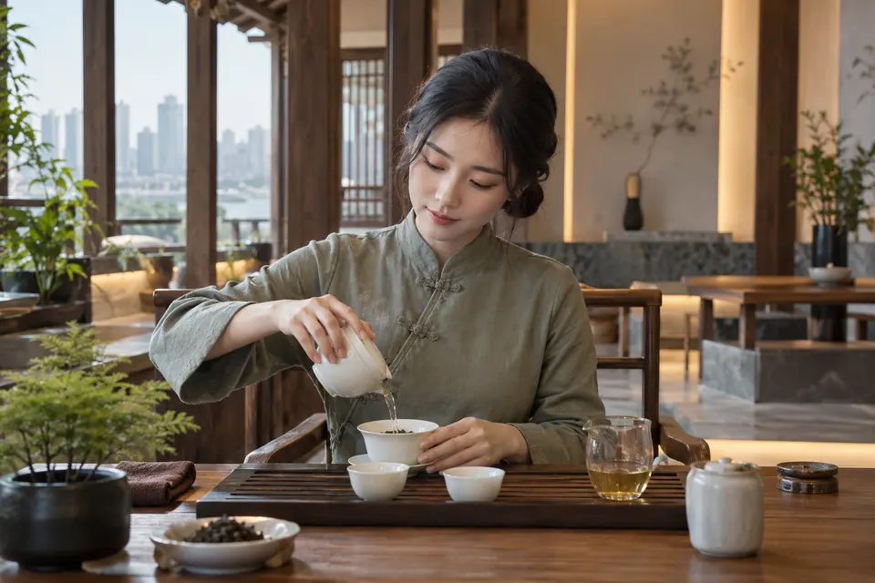 新中式盖碗冲泡茶席，茶具与茶杯摆放
